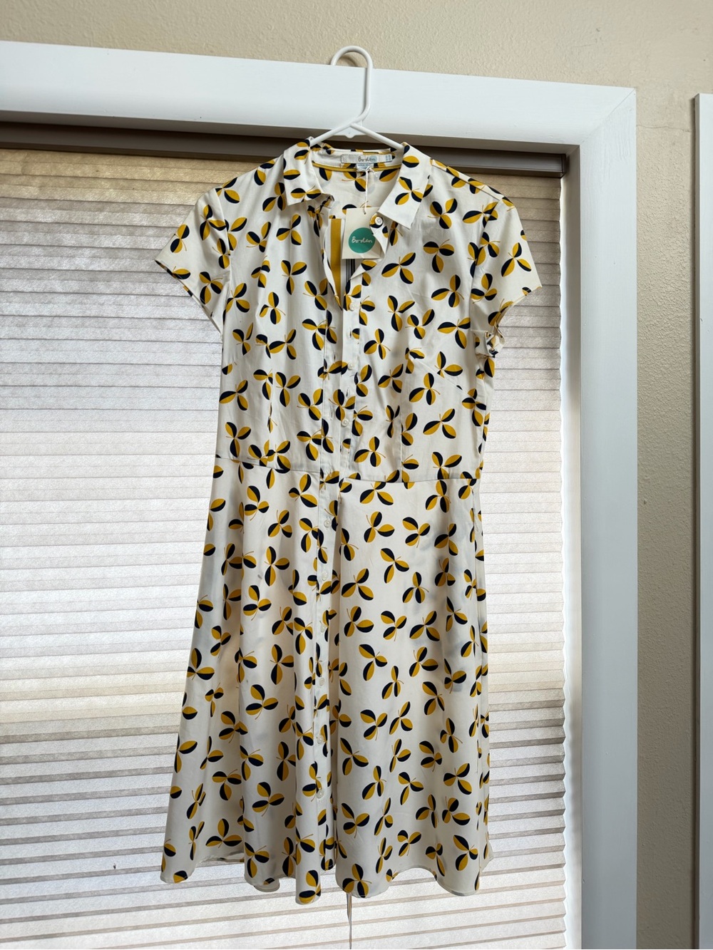 Boden Cream Midi Dress with Yellow & Black Leaf Motif